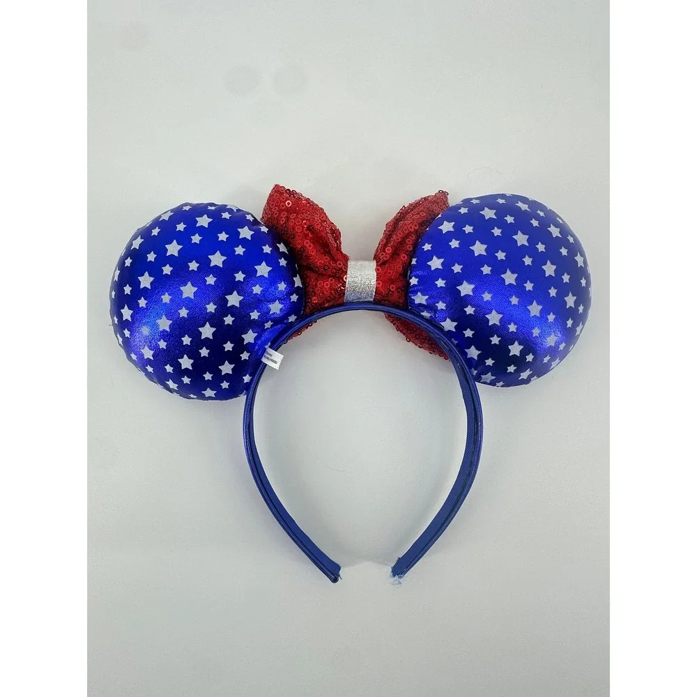 Disney Minnie Mouse Americana Star Ears Red Sequin Bow Headband Patriotic Blue